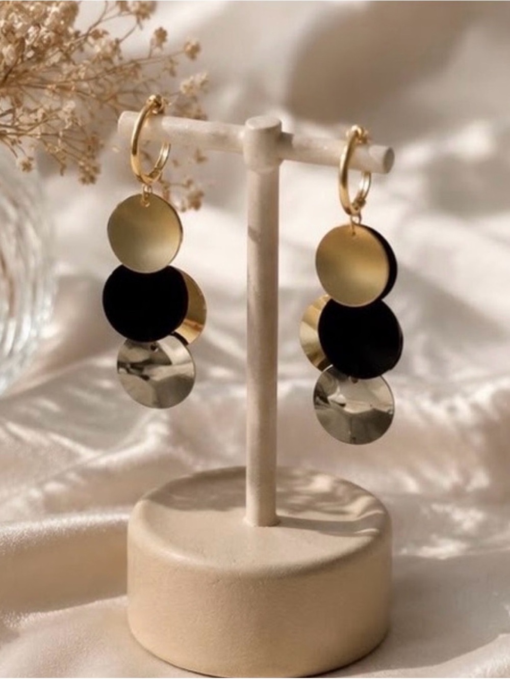 Gold, Black and Silver Layered Disc Drop Earrings